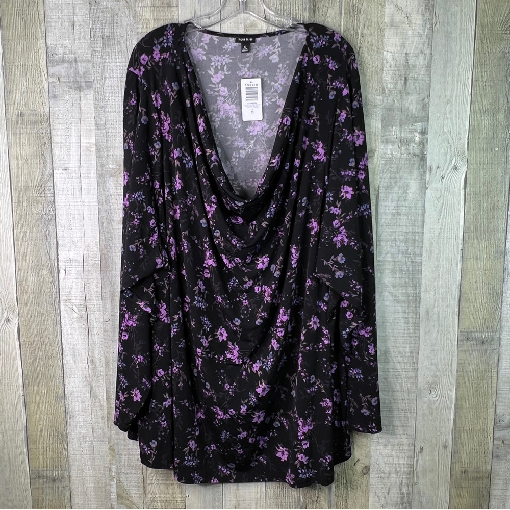 Torrid Size 6(6X)(30) Drape Cowl Neck Long Sleeve Black & Purple Floral Shirt